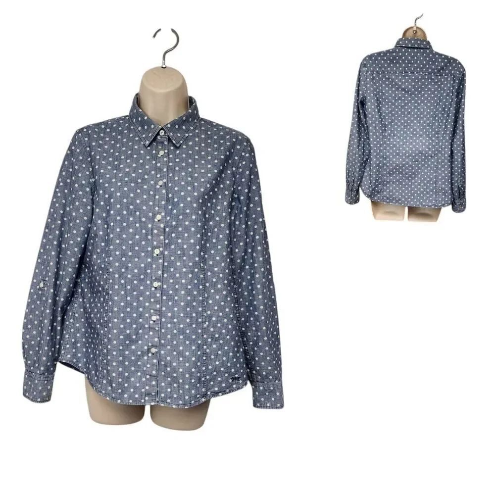 Talbots Chambray Shirt Blue White Polka Dots Roll Tab Long Sleeve Button Up 10